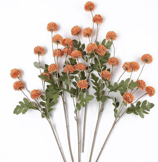 mizii 6Pcs Orange Fake Silk Pompon Mum Artificial Flowers Bulk Small Faux Chrysanthemums with Stems Floral Decorations for Wedding DIY Bouquet Centerpieces Shower Vase Home Decor (Burnt Orange)