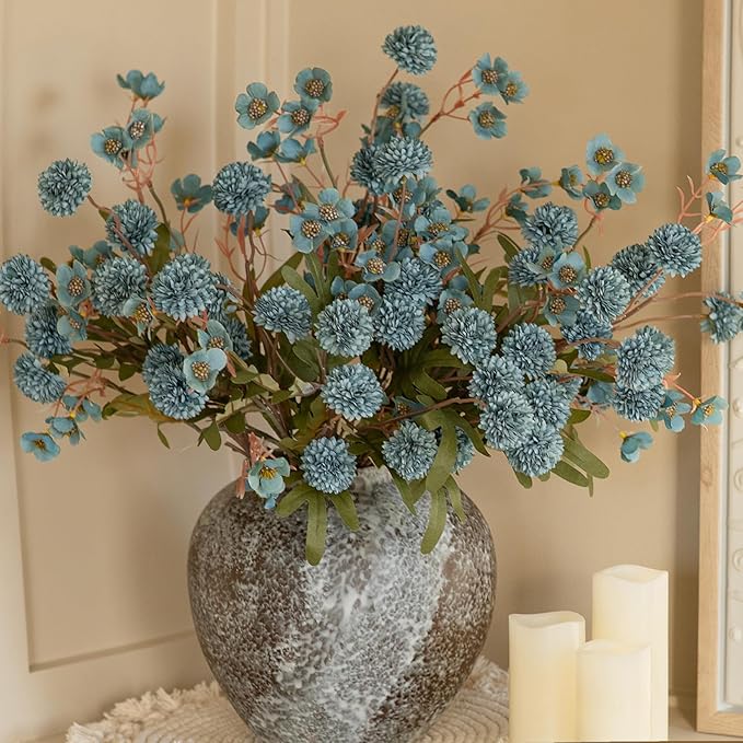HyeFlora Fake Kiku Flowers,Faux Silk Pompon Mums 40heads Artificial Flowers,Chrysanthemum Stems Floral Arrangement Dried Flowers Vintage Decorative Indoor Home Vase Decor Blue with Wax