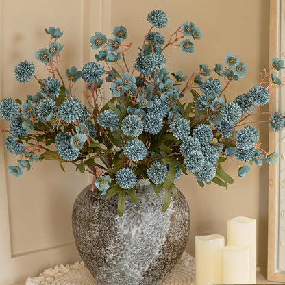 HyeFlora Fake Kiku Flowers,Faux Silk Pompon Mums 40heads Artificial Flowers,Chrysanthemum Stems Floral Arrangement Dried Flowers Vintage Decorative Indoor Home Vase Decor Blue with Wax
