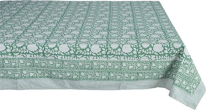 ATOSII Shalimar Green 100% Cotton Rectangle Fall Tablecloth, Handblock Floral Table Cloth Linen for Kitchen Dining I Parties Wedding Outdoors Christmas Thanksgiving I Fall Home Decor 60 X 90 Inches