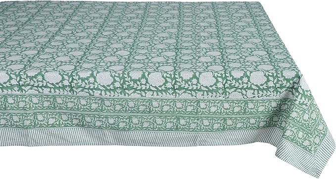 ATOSII Shalimar Green 100% Cotton Rectangle Spring Tablecloth, Handblock Floral Print Linen Table Cloth for Kitchen Dining I Parties, Outdoors, Weddings, Easter Holidays I 72 X 108 Inches I 8 Seater