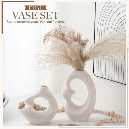 Set of 2 Romantic Hollow Ceramic Vases for Home Decor – Modern Minimalist Romantic Flower Vase for Pampas Grass Perfect for Entryway, Coffee Table, Living Room, Dining Table, Shelf Decor