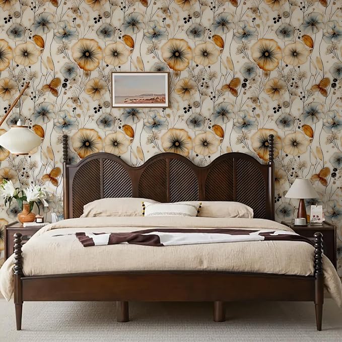 Watercolor Floral Peel and Stick Wallpaper Amber and Blue Leaf Gold Self Adhesive Removable Floral Wall Paper Renter Friendly Contact Paper for Bedroom Bathroom Walls Shelf Liner 17.71"X236.2"