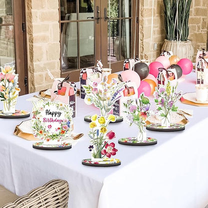 Wooden Wildflower Party Decorations - 9PCS Flower Birthday Table Sign Decor,Wildflower Party Centerpieces Table Topper,Wildflower Decor Supplies,Floral Party Wedding Decoration
