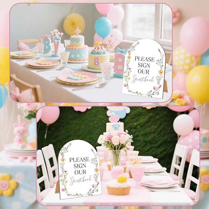 Boho Wildflower Please Sign Our Guestbook Sign for Baby Shower, 6x8 Inch Arch Wooden Sign with Stand, Floral Baby Shower Table Sign, Gender Neutral Party Decoration - MUK33