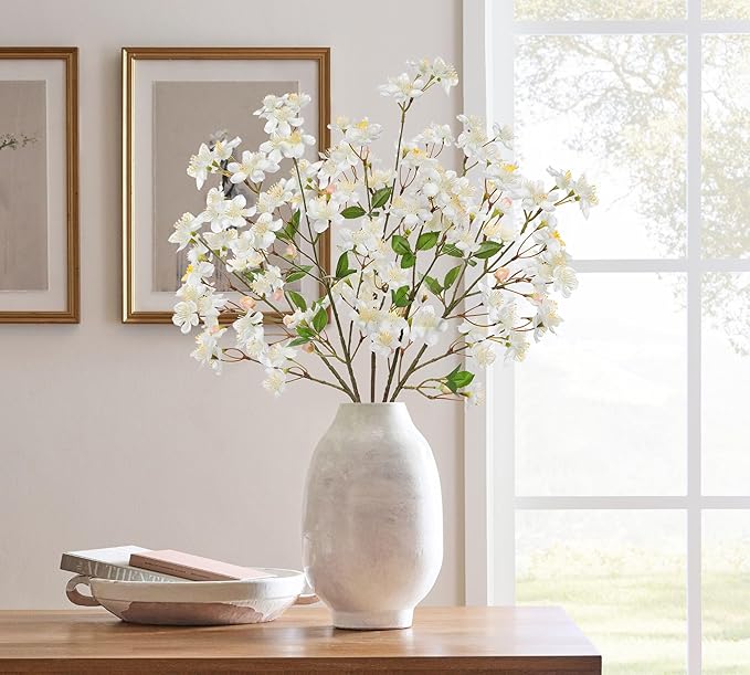 DILATATA Artificial Cherry Blossom Flowers 5 Pcs Silk Cherry Blossom Stems 27.5 Inch Long Stems Faux Silk Peach Flowers for Tall Vase Spring Decor Wedding Party Home Table Arrangement - White