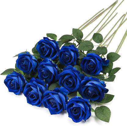 Hawesome Fake Roses Artificial Silk Flowers - 12 Pcs Blue Roses Artificial Faux Flowers with Stems for Home Wedding Centerpiece Hotel Office Decor