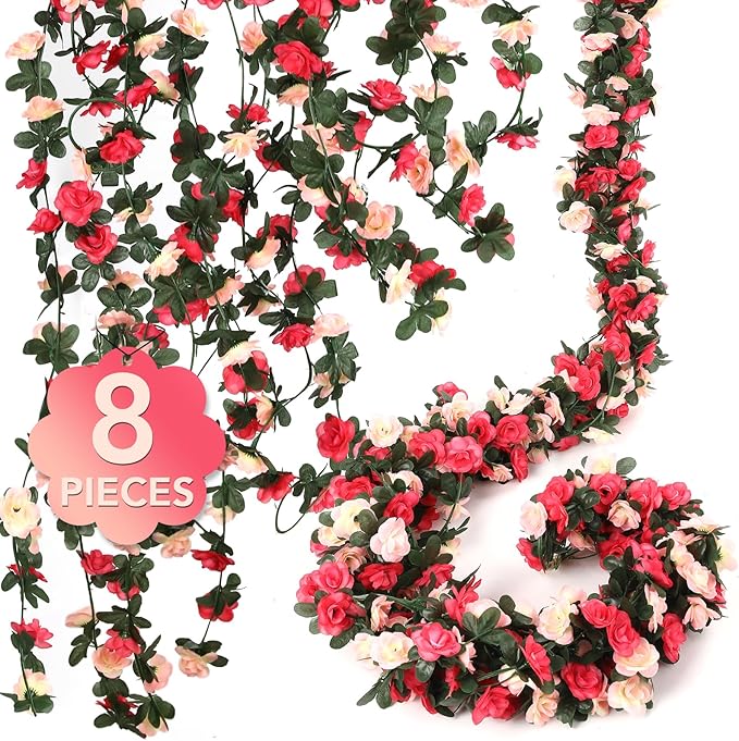 8 Pcs 65.6FT Flower Garland,Rose Garland,PinkFlower Vines for Decoration, Wedding, Garden, Wall Decoration,Backdrop,Bedroom,Birthday Party