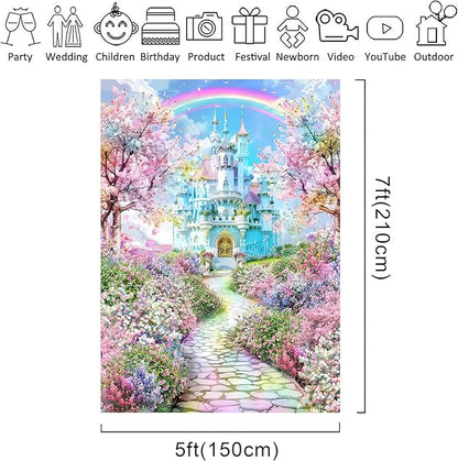 Riyidecor Princess Castle Backdrop Spring Pink Sakura Rainbow Colorful Floral 5Wx7H Feet Fairy Tale Wonderland Photography Background bridal shower wedding birthday Photo Studio Shoot Polyester Fabric