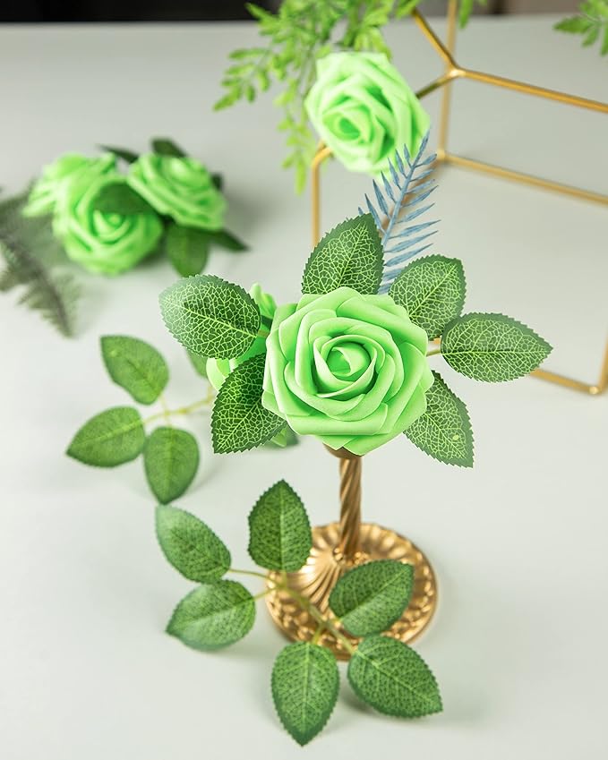 DuHouse 25Pcs Artificial Roses Flowers Fake Roses with Stems Real Touch Foam Flowers for DIY Wedding Bouquet Baby Shower Centerpiece Floral Arrangement Party Home Decor(Light Green)