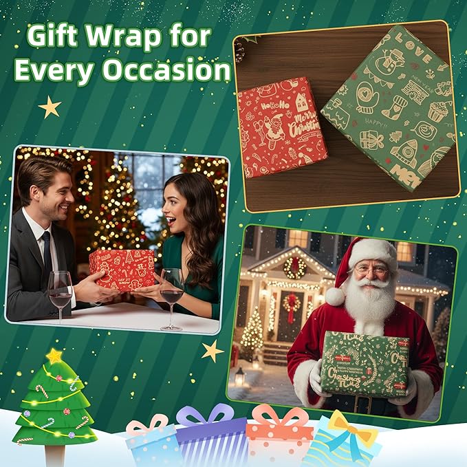 Anvure Christmas Wrapping Paper (4 Rolls: 93 sq. ft. ttl.) Kraft Set Featuring Santa Claus, Snowman & Xmas Presents, Red & Green Holiday Designs for All Gift Wrap Needs 17 Inch X 16.4 Feet Per Roll