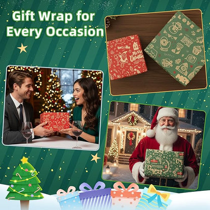 Anvure Christmas Wrapping Paper (4 Rolls: 147.24 sq. ft. ttl.) Kraft Set Featuring Santa Claus, Snowman & Xmas Presents, Red & Green Holiday Designs for Gift Wrap 29.92 Inch X 14.76 Feet Per Roll