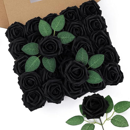 DuHouse 50Pcs Artificial Roses Flowers Fake Roses with Stems Real Touch Foam Flowers for DIY Wedding Bouquet Baby Shower Centerpiece Floral Arrangement Party Home Decor(Black)