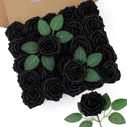 DuHouse 50Pcs Artificial Roses Flowers Fake Roses with Stems Real Touch Foam Flowers for DIY Wedding Bouquet Baby Shower Centerpiece Floral Arrangement Party Home Decor(Black)