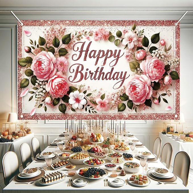 Happy Birthday Backdrop Rose Gold Glitter Peony Floral Banner Birthday Party Decorations Photography Background for Women Girls Wedding Baby Shower Decor Photo Booth Supplies 6x4ft