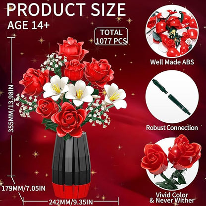 Rose Flower Building Blocks with Vase Set for Adults, Christmas Artificial Flower Bouquet Botanical Collection Bricks Anniversary Birthday Gifts for Her Women Mom Grandma Wife Men Home Decor -1077PCS