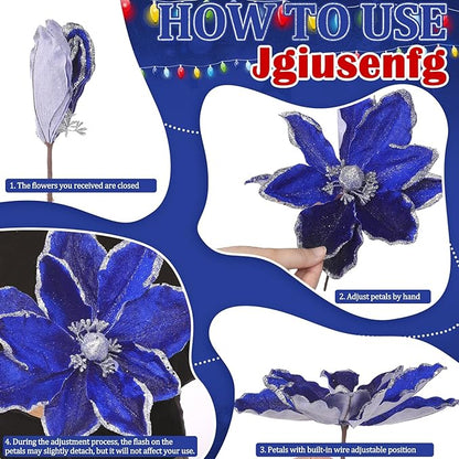 8 Pcs Large Christmas Flower Magnolia Flowers Christmas Tree Decoration Artificial Poinsettia Stems Velvet Xmas Ornaments for Xmas Tree Table Decor(Blue,12 Inch)