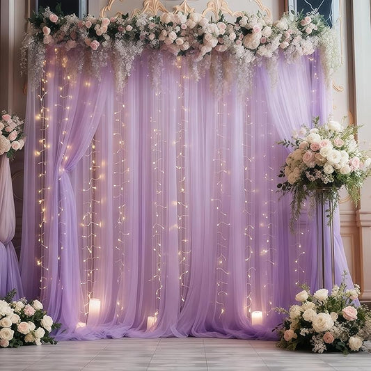 20×10ft Purple Tulle Backdrop Curtain with Lights String for Parties, Sheer Photo Backdrop Curtains for Wedding Party Photography Background