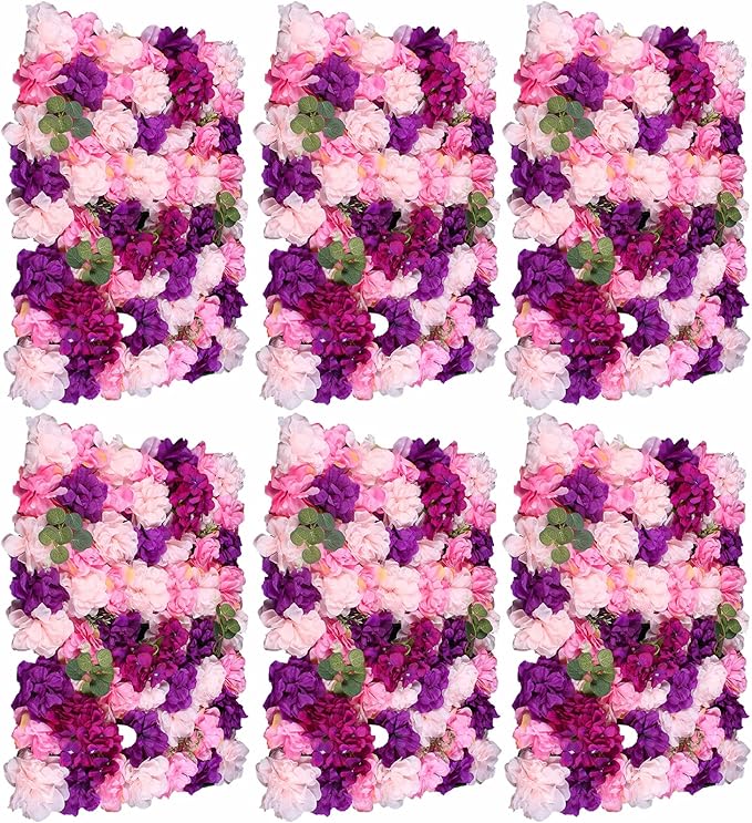 6Pcs 23.62"x 15.74"x 0.79" Artificial Flower Wall Panels,Flower Wall Mat Silk Flower Panels for Outdoor Garden Backyard Fence Fence Privacy Screen and Indoor Wall Decor(Pink+Purple)