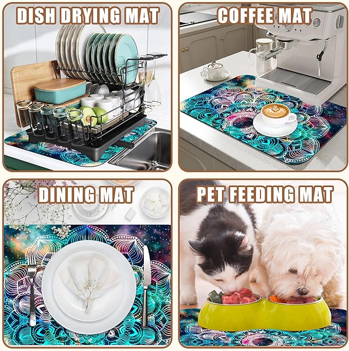 Abstract Mandala Galaxy Star Dish Drying Mat for Kitchen Counter Coffee Mat Hide Stain Absorbent Rubber Backed Dish Drainer Rack Pad Espresso Machine Coffee Bar Accessories 15.7 x 23.6 Inch
