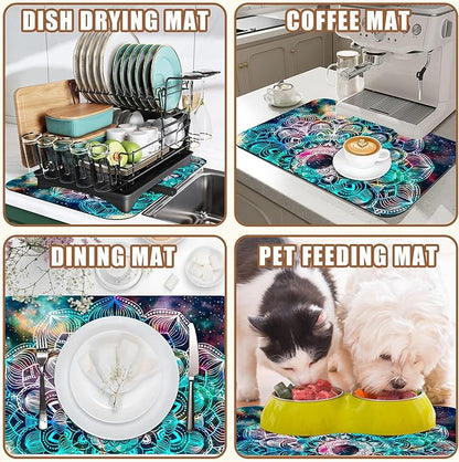 Abstract Mandala Galaxy Star Dish Drying Mat for Kitchen Counter Coffee Mat Hide Stain Absorbent Rubber Backed Dish Drainer Rack Pad Espresso Machine Coffee Bar Accessories 15.7 x 23.6 Inch