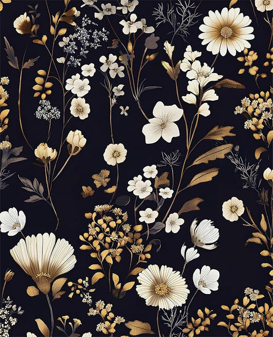 Dark Floral Peel and Stick Wallpaper Vintage Flower Contact Paper Vinyl Waterproof Self Adhesive Removable Retro Decor Black gold Botanical Wall Paper for Bedroom Walls Bookcase Drawers 17.5" x 118"