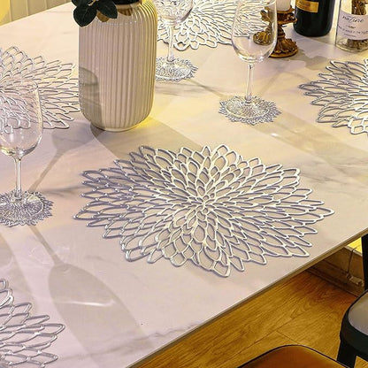 Snowkingdom 12 Pack of Silver Placemats Metallic Vinyl Dinning Table Mats, Round Flower Charger Plates Decoration Bulk for Winter Holiday Christmas Thanksgiving Party
