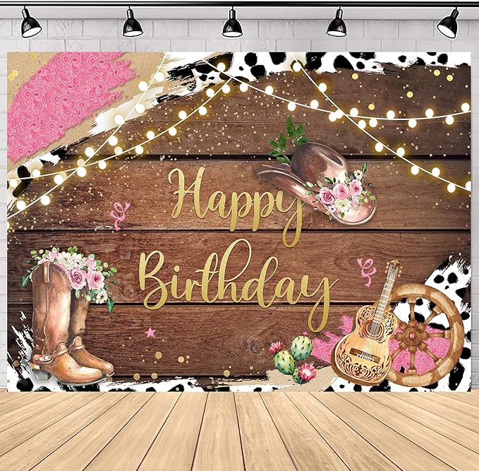SVBright Western Cowgirl Birthday Backdrop 7Wx5H Cute Cow Print Country Wild West Rustic Wooden Boho Flower Retro Boots Hat Farmhouse Decorations Photography Background Banner Photo Booth Studio