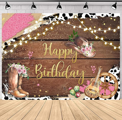 SVBright Western Cowgirl Birthday Backdrop 7Wx5H Cute Cow Print Country Wild West Rustic Wooden Boho Flower Retro Boots Hat Farmhouse Decorations Photography Background Banner Photo Booth Studio