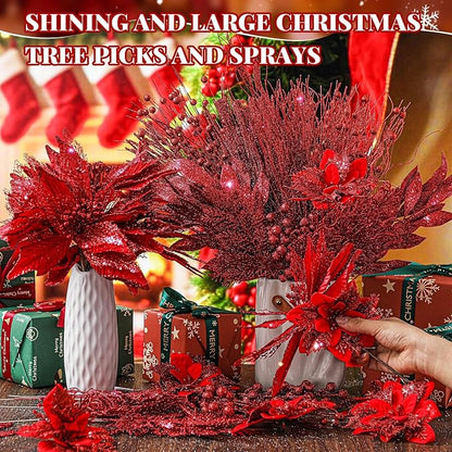 Yerliker 108 Pcs Red Glitter Christmas Picks and Sprays, 12 Styles Artificial Christmas Floral Berry Branches Flowers Stems for Xmas Tree Ornaments Wreath Garland DIY Vase Holiday Party Decor