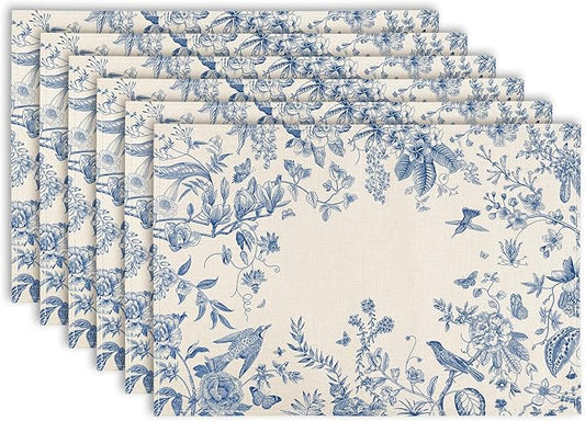 6Pcs Blue White Floral Placemats Flower Birds Branches Table Place Mats 12 x 18 in Vintage Non-Slip Heat Resistant Kitchen Dinner Mat for Home Dining Table Decoration