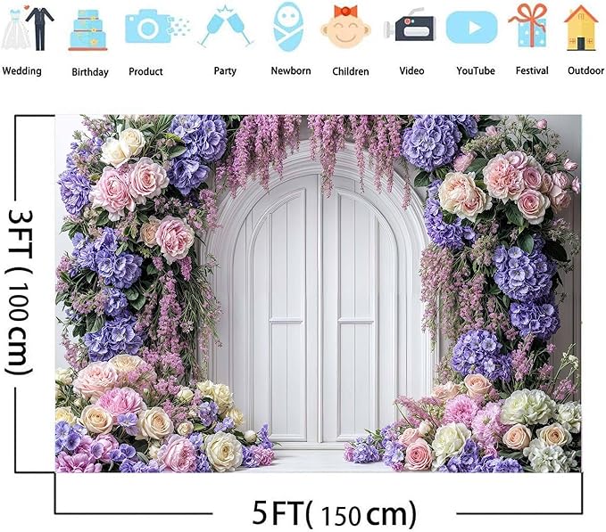 12x8ft Purple Flower Floral Arch Backdrop Background Photography Flower Wall Lavender Backdrop Party Wedding Girls Birthday Princess Mother's Day Bridal Shower Anniversary Banner Decor Studio Photo
