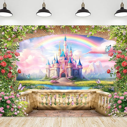 Riyidecor Pink Castle Backdrop Polyester Fabric Princess Flower Blossom Spring Floral Butterfly 8Wx6H Feet Fairy Fantasy Balcony Rainbow Photography Background Birthday Wedding Photo Studio Shoot