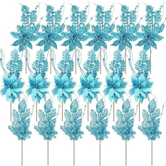 18 Pack 3 Styles 17 Inch Christmas Glitter Poinsettia Berry Stems Ornaments Artificial Floral Branches Picks for Christmas Tree Home Vase Holiday Party Decor(Lake Blue)