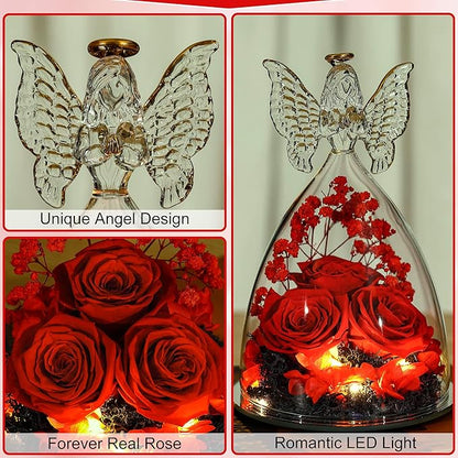 Mothers Day Mom Gifts for Women Preserved Flowers in Glass Angel Forever Flowers Gifts Eternal Roses Gifts for Grandma - Red