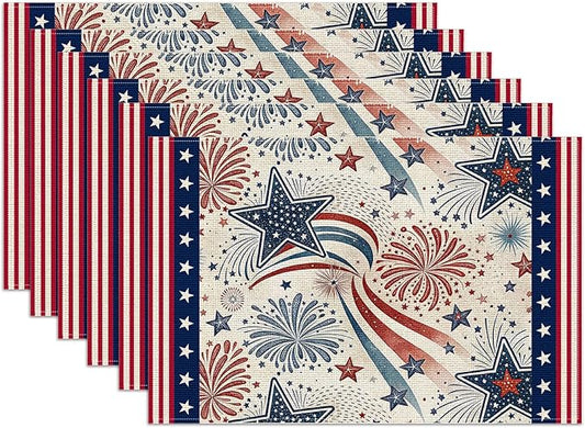 4th of July Placemats Set of 6, American Star Linen Place Mat Washable Stain Resistant Table Mats for Farmhouse Kitchen Dining Holiday Party Wedding Decor 12x18 Inch