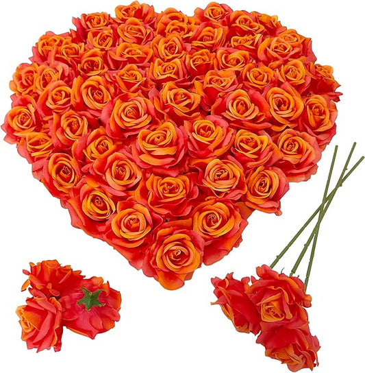 Artificial Satin Rose Flower Heads,48 Pcs Silk Rose Heads with Stems,3.3'' Rose Artificial Flowers Bulk,Artificial Rose Flower Heads for DIY Crafts Bouquet (48, Sunset)