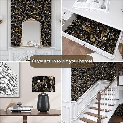 Dark Floral Peel and Stick Wallpaper, Vintage Leaf Pattern Black Gold Self Adhesive Removable Wallpaper for Bedroom Cabinet Kitchen, Vinyl Modern Contact Paper Retro Black Gold 17.5In x 118In
