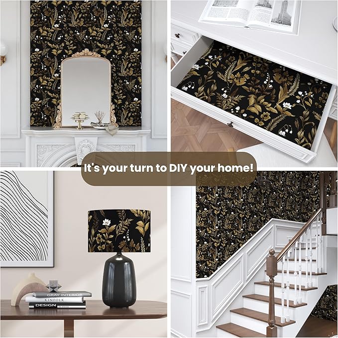 Extra Long Dark Floral Peel and Stick Wallpaper, Vintage Black Gold Leaf Wallpaper, Removable Contact Paper Self Adhesive for Bedroom Bathroom Cabinet Black Gold White 17.5In x 393In