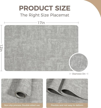 Vinyl Placemats Set of 6, Faux Leather Waterproof and Heat Resistant Place Mats, Washable Anti-Slip Table Mats with Coaster, Wipeable Placemats for Indoor & Outdoor 17" x 12" (Light Grey, Set of 6)