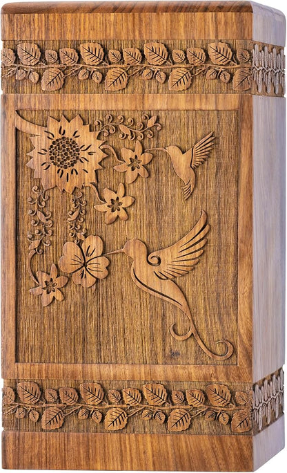 INTAJ Handcarved Rosewood Hummingbird Urn for Human Ashes Adult Male Female - Floral Carving 115 lbs Capacity - Wooden Cremation Urn Box Suitable for Burial Funeral Decorative Memorial Casket
