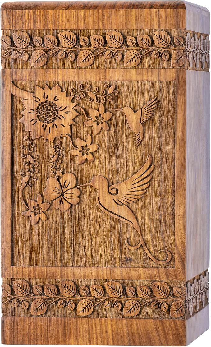 INTAJ Handcarved Rosewood Hummingbird Urn for Human Ashes Adult Male Female - Floral Carving 250 lbs Capacity - Wooden Cremation Urn Box Suitable for Burial Funeral Decorative Memorial Casket