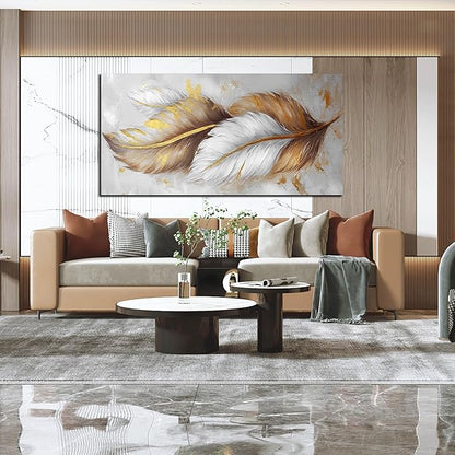 Leaf Canvas Wall Art for Living Room Large Size - White and Brown Gold Pictures Wall Art for Bedroom - Modern Wall Art Office Size 29" x 59"
