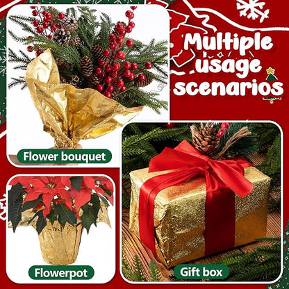 Adnee 10 Yard Floral Foil Plant Pot Covers,Matte Texture Christmas Plant Pot Foil,Golden Floral Pot Wrapping Paper for Christmas Home Flower Pot DIY decor