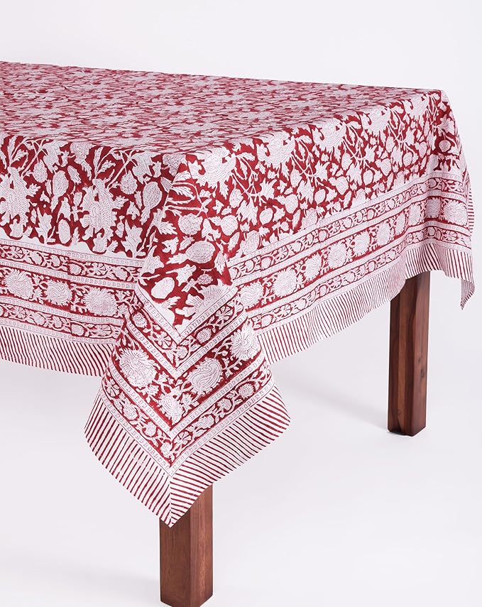 ATOSII Meraki Red 100% Cotton Tablecloth, Handblock Print Rectangle Table Cover for Kitchen Dining I Tabletop Linen I Thanksgiving, Christmas, Wedding, Fall Table Cloth 72 X 120 Inches I 10 Seater