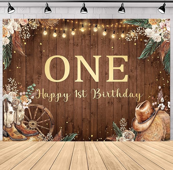 SVBright Western Cowgirl First Birthday Backdrop 7Wx5H One Year Old Retro Pampas Grass Country Flower West Rustic Wooden Boots Hat Decorations Photography Background Banner Photo Booth Studio