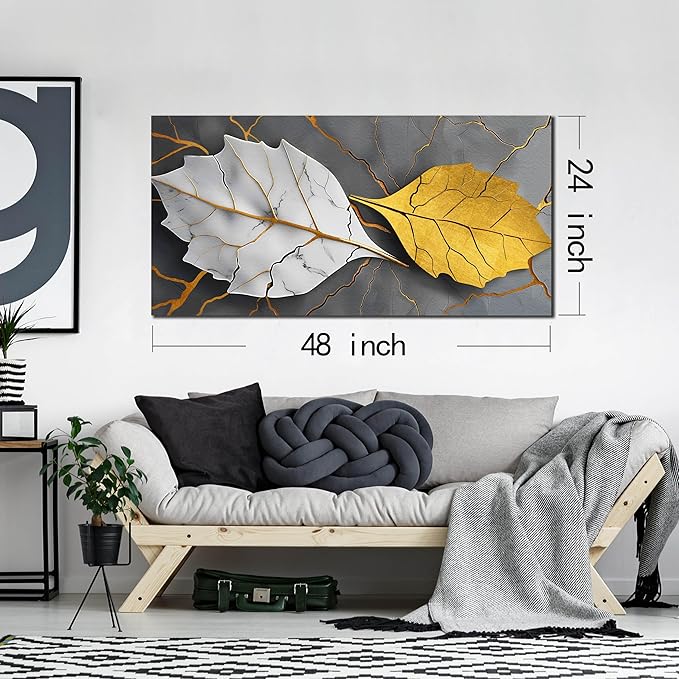Large Canvas Wall Art for Living Room Bedroom Office Gold and White Leaves Picture Modern Canvas Prints Grey Abstract Framed Wall Decor Size 24x48