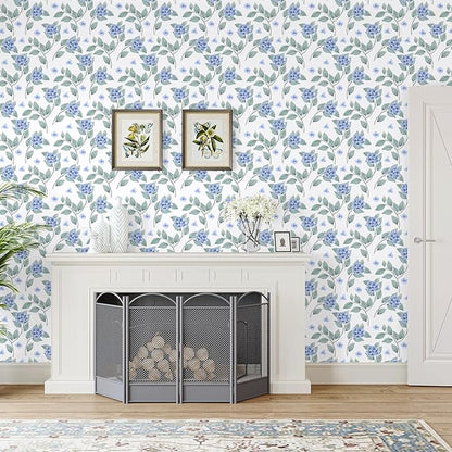 Blue Floral Peel and Stick Wallpaper Boho Hydrangea Floral Contact Paper for Cabinets Drawers 17.7"x160" Prepasted Watercolor Flower Wall Paper Blue and White Botanical Wallpaper for Bedroom