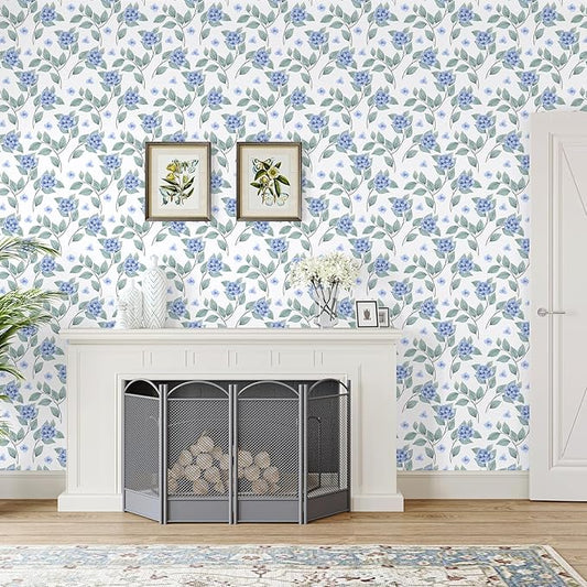 Blue Floral Peel and Stick Wallpaper Boho Hydrangea Floral Contact Paper for Cabinets Drawers 17.7"x160" Prepasted Watercolor Flower Wall Paper Blue and White Botanical Wallpaper for Bedroom