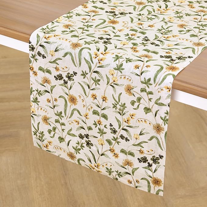 Solino Home 100% Pure Linen Table Runner 90 Inches Long - Multicolor Floral Print Table Runner 14 x 90 Inch - Handcrafted and Machine Washable - Fall Botanical Print